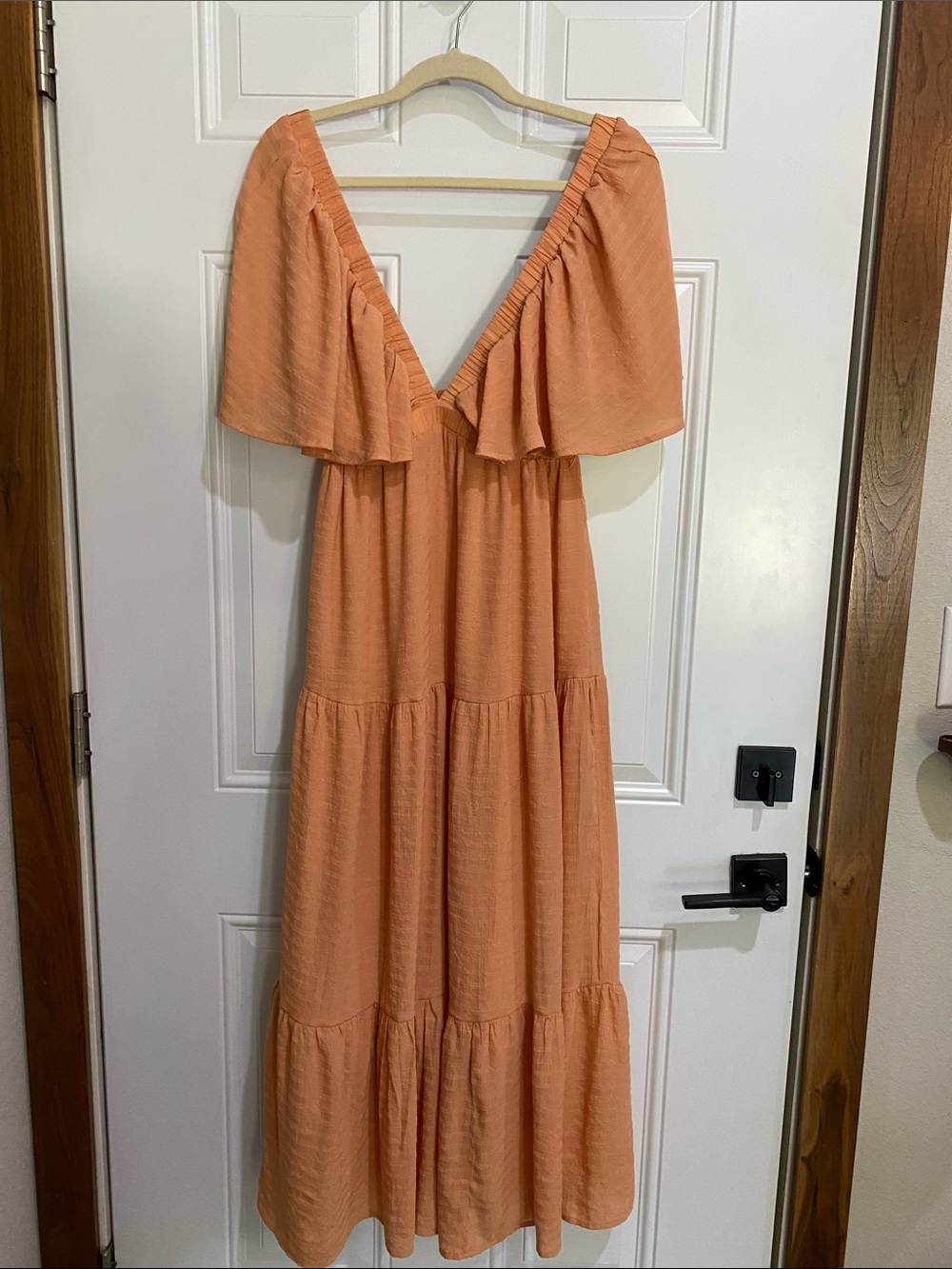 Off-Shoulder Peach Tiered Maxi Dress
